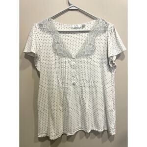 Eileen West White Gray Lace Trim Button Pajama Top Lightweight Women's Sz Med